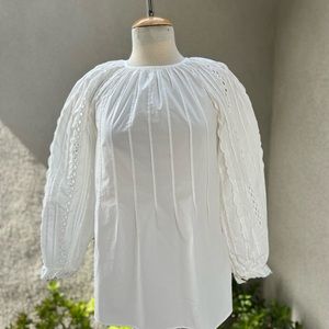 See by Chloe cotton white blouse top embroidered sleeve pleats Sz 36 XS